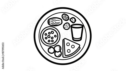 A minimalist vector illustration of a plate filled with various foods and a glass of milk
