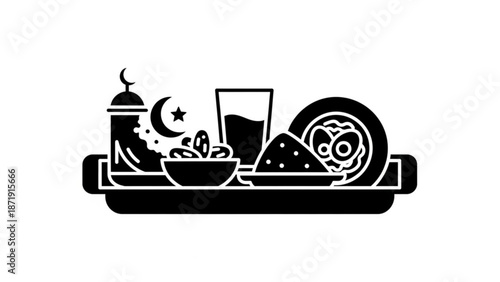 A minimalist vector graphic of a Ramadan tray with food and drink