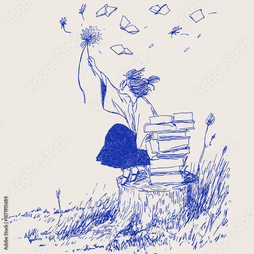 Whimsical Girl with Dandelion in a Serene Nature Setting