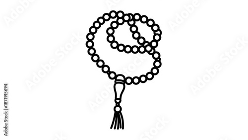 A minimalist illustration of a prayer bead necklace with a tassel