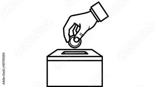 A hand putting a ballot into a voting box in a simple line art style