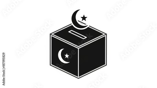 A minimalist vector graphic of a ballot box with a crescent moon and star design