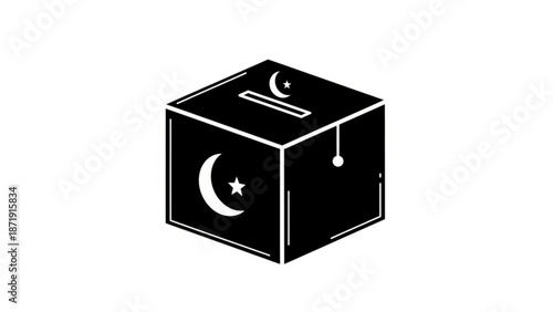 A black and white vector graphic of a ballot box with a crescent moon and star design