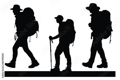 Three Hikers with Backpacks Silhouette walking trekking
