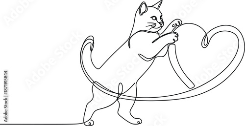 Charming continuous line art drawing depicting a playful kitten interacting with a large heart shape formed from a single flowing thread