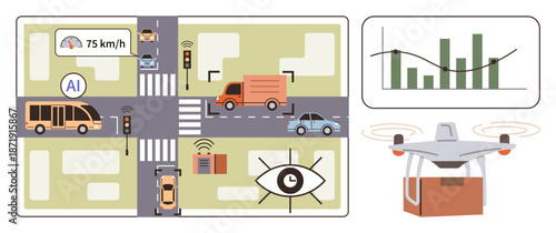 Smart cities, AI technology, traffic control, quadcopter delivery, urban mobility, data monitoring. City intersection with AI managing vehicles, Quadcopter carrying package, data analytics graph