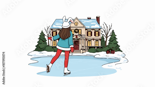 Winter skating by festive house