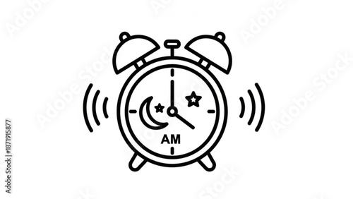 A minimalist vector graphic of an alarm clock ringing at early morning hours