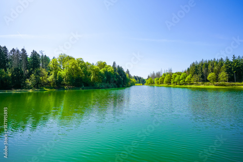 View of the Panzer Dam and the surrounding landscape near Remscheid. Nature by the lake in North Rhine-Westphalia.
