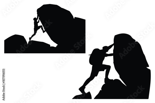 Silhouettes of People Rock Climbing and Hiking on Mountains