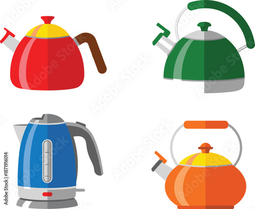 Colorful kitchen kettles and teapots set featuring electric kettle and stovetop kettle in modern flat vector style