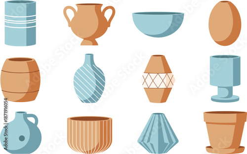 Collection of decorative pottery and ceramic vases in various shapes, colors, and styles illustrated in modern vector design
