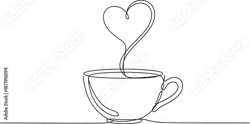 Minimalist continuous line art drawing of a hot beverage cup featuring steam gracefully rising to form a perfect heart shape above the rim