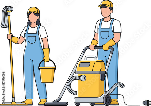Professional cleaners with mop, bucket, and industrial vacuum illustrated in modern janitorial service and housekeeping vector style