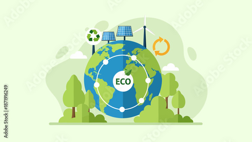 EcoFriendly Earth with Renewable Energy and Recycling Symbols Illustration.