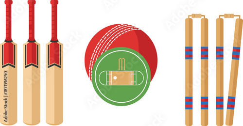 Cricket bats, balls, wickets, and stumps illustrated in clean modern vector style for sports, gameplay, and athletic themes
