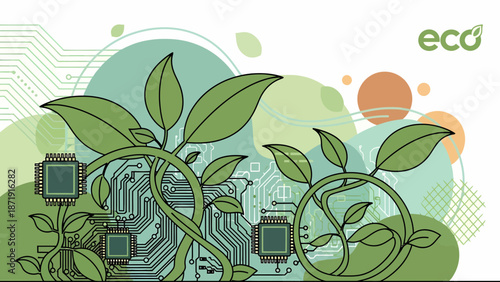 EcoFriendly Technology Green Plants and Circuit Boards Integration.