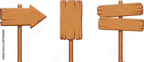 Set of wooden direction signs and blank rustic signboards for navigation, camping, trails, and outdoor decoration