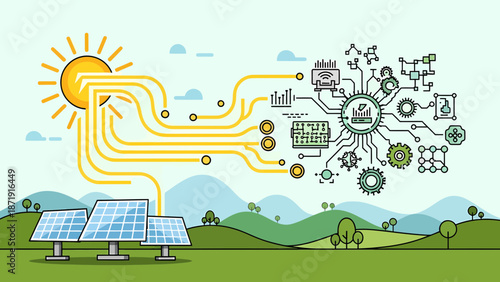 Solar Energy Conversion Sun to Power Grid Illustration.