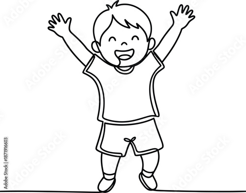 Minimalist black and white continuous line drawing illustrating a cheerful young boy jumping high with both arms raised in absolute joy and excitement