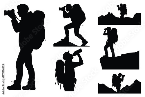 Silhouettes of hikers with cameras and backpacks mountains