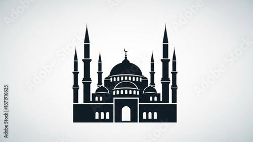 A minimalist black silhouette of a mosque with multiple domes and minarets on a white background