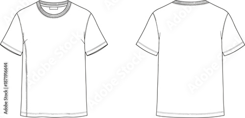 Classic t shirt, front and back view, technical fashion flat, vector line art, apparel design template illustration cad