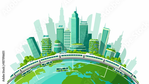Sustainable Cityscape with Green Buildings and Efficient Transportation.