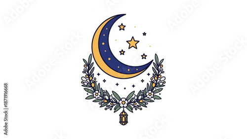 A beautiful vector graphic illustration of a crescent moon and stars surrounded by floral elements and a lantern
