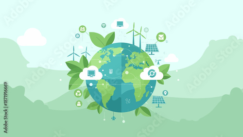 Sustainable Earth Globe with Renewable Energy Icons and Greenery.