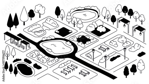 Black and white illustration of a suburban neighborhood with houses and trees.