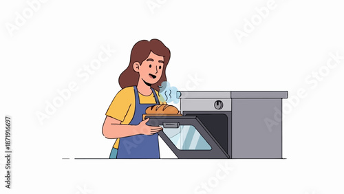 Woman baking bread, pulling fresh loaf from oven