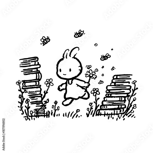 Playful Bunny Frolicking Among Flowers and Bees