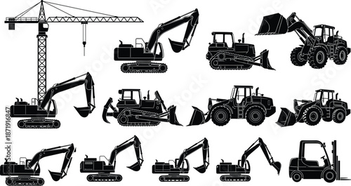 Construction machinery silhouette collection, excavators bulldozers cranes loaders and forklift vehicles, heavy equipment black vector illustration set isolated on white background