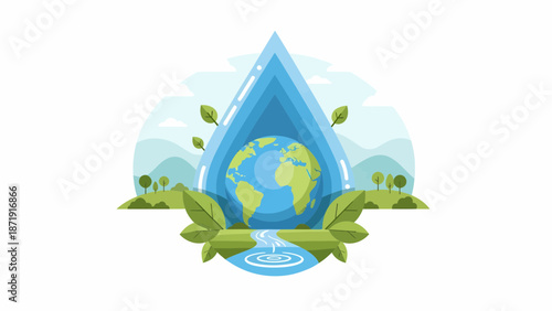 Water Drop with Earth Inside Symbol of Environmental Conservation.