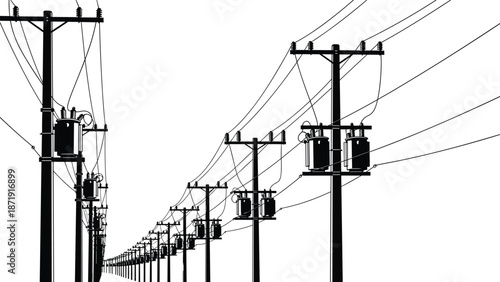 Electric power line poles silhouette perspective, utility transmission infrastructure vector illustration, black energy distribution network isolated on white background, industrial technology concept