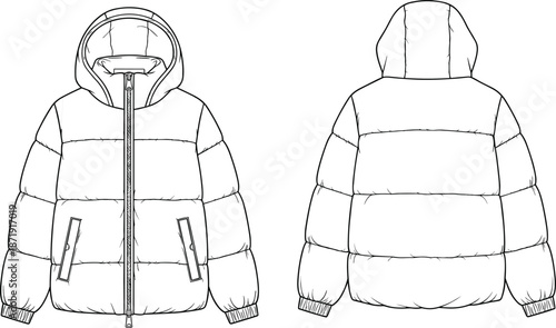 Hooded puffer jacket, front and back view, technical fashion flat, vector line art, winter outerwear design template illustration cad