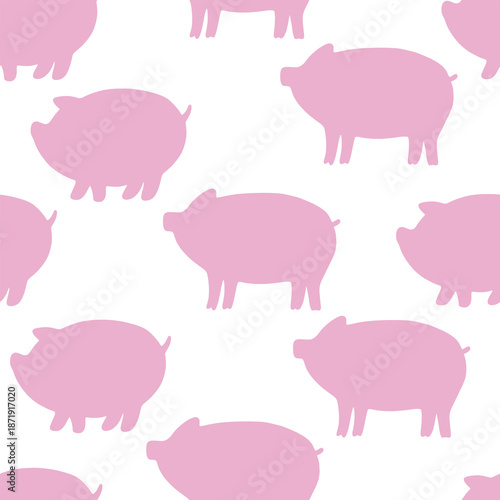 Seamless pattern pink pigs silhouette on white background for package design