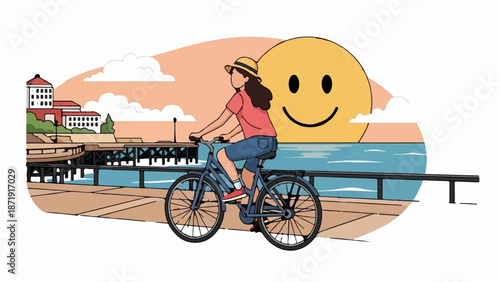 Woman cycling on pier with smiling sun over ocean