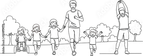 Happy father exercising and running outdoors with diverse children including one using a mobility aid enjoying healthy family time together