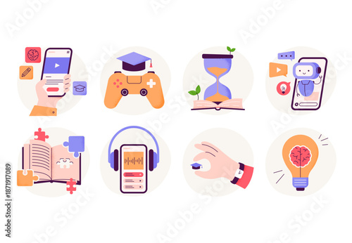 Microlearning icons set. Online education, mobile learning, and digital study concepts. Vector flat illustrations isolated on a white background.