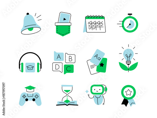 Microlearning icons set. Online education, digital study, and mobile learning concepts. Vector flat illustrations isolated on a white background.