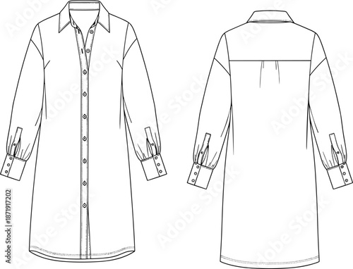 Long shirt dress, front and back view, technical fashion flat, vector line art, apparel design template illustration cad