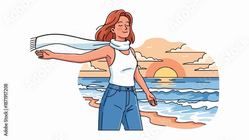 Woman enjoying a breezy sunset at the beach