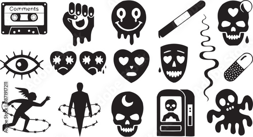 Conjunto de íconos simbólicos en estilo gráfico. Incluye mano, ojo, cara, corazón, bolígrafo, máscara, calavera, flechas, lápida y más. Trazo editable.