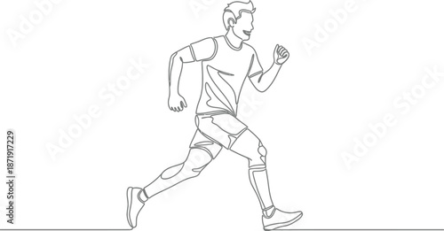 Continuous line drawing illustrating an athletic young man joyfully jogging or running forward actively engaged in a fitness routine outdoors.