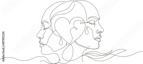 Minimalist continuous line art depicting two faces in profile sharing a connected heart symbol representing deep emotional bond and empathy
