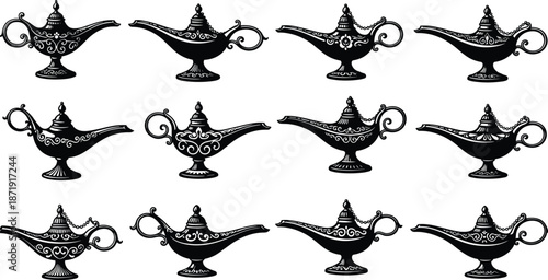 Magic lamp silhouette collection, Arabian Aladdin genie oil lamps set, black ornate vector illustration isolated on white background for fantasy design