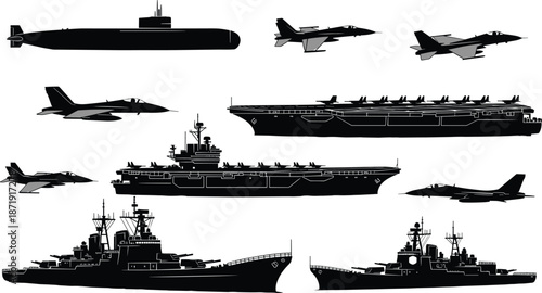 Military naval fleet silhouette collection, warships submarines aircraft carriers and fighter jets, black vector illustration set, modern defense forces isolated on white background