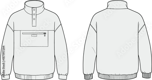 Pullover jacket sweater, front and back view, technical fashion flat, vector line art, outerwear design template illustration cad